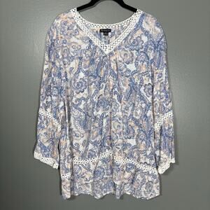 New Directions Women's Blue Paisley Crochet Trim Top - Size XL - Boho Peasant